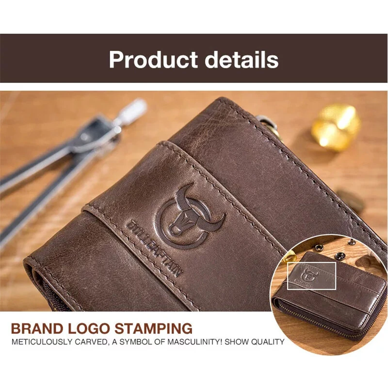 (image for) BULLCAPTAIN Genuine Leather Zipper Men Wallets Multi Card Slot ID Card Mini Holder Bags Bussiness Casual Coin Purse
